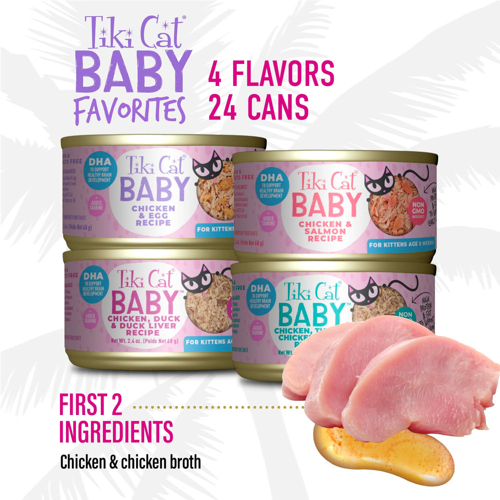 Tiki Cat Baby Favorites, foie et organes entiers, texture appétissante pour les chatons.