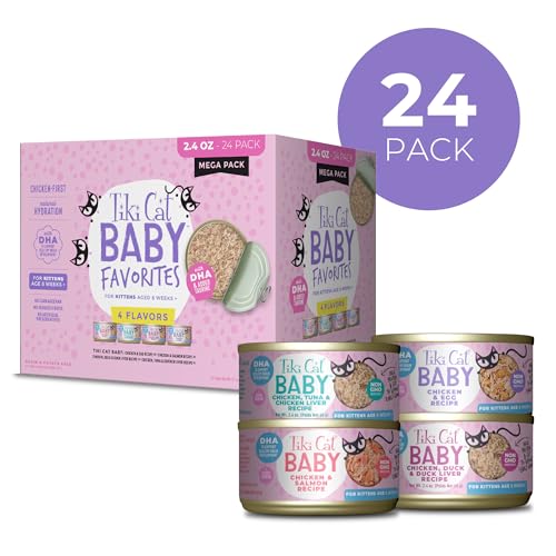 Tiki Cat Baby Favorites, morceaux de poulet et thon, riche en protéines pour chatons actifs.