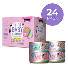 Tiki Cat Baby Favorites, morceaux de poulet et thon, riche en protéines pour chatons actifs.