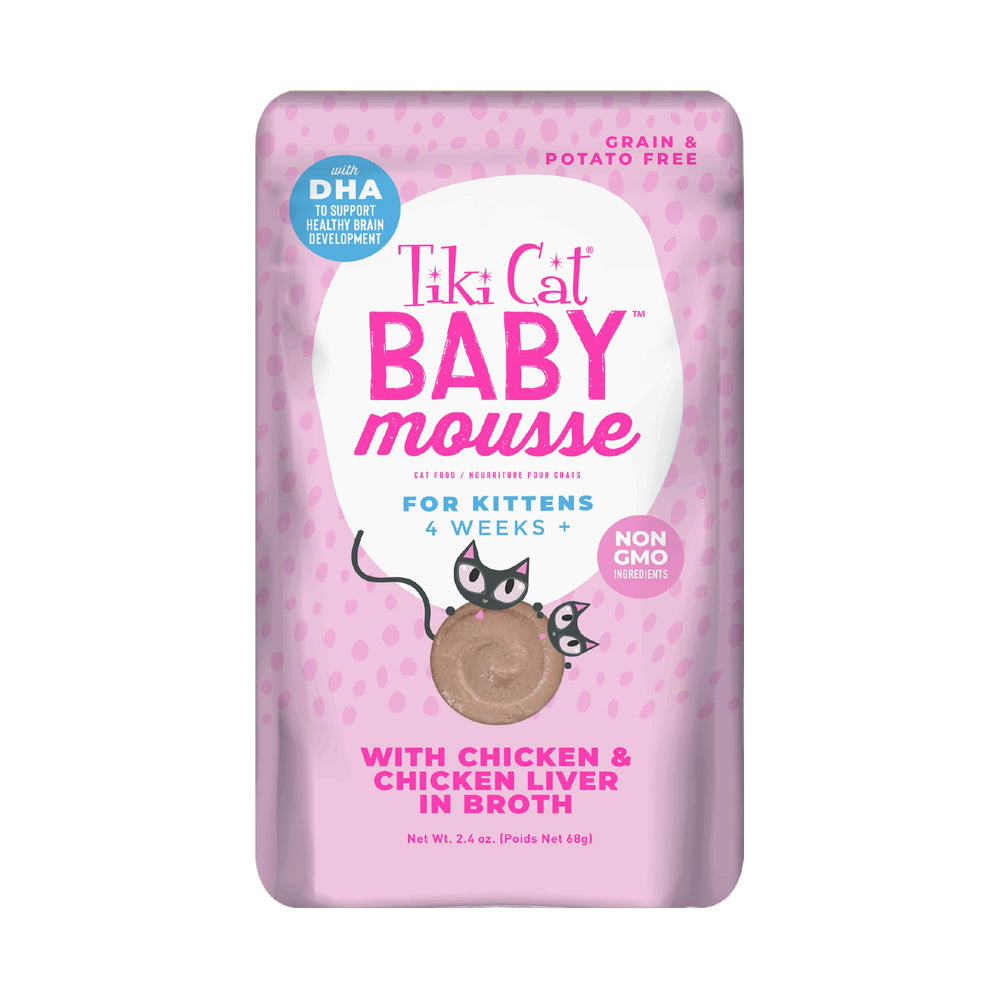 Tiki Cat Baby Mousse poulet et foie en sachet, appétence adaptée au chaton.