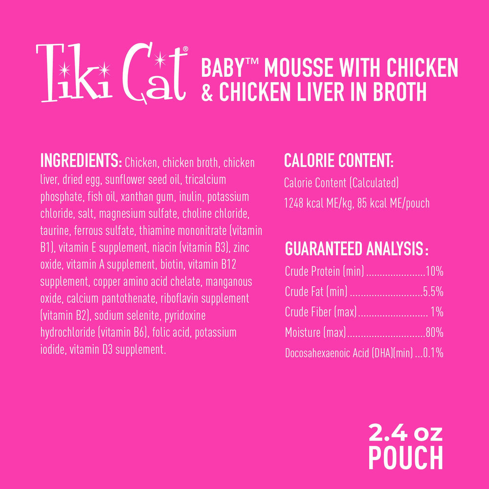 Tiki Cat Baby Mousse ingrédients principaux: poulet et foie.