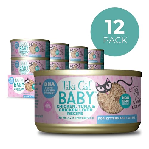 Tiki Cat Baby poulet-thon et foie, ingrédients savoureux pour chatons actifs.