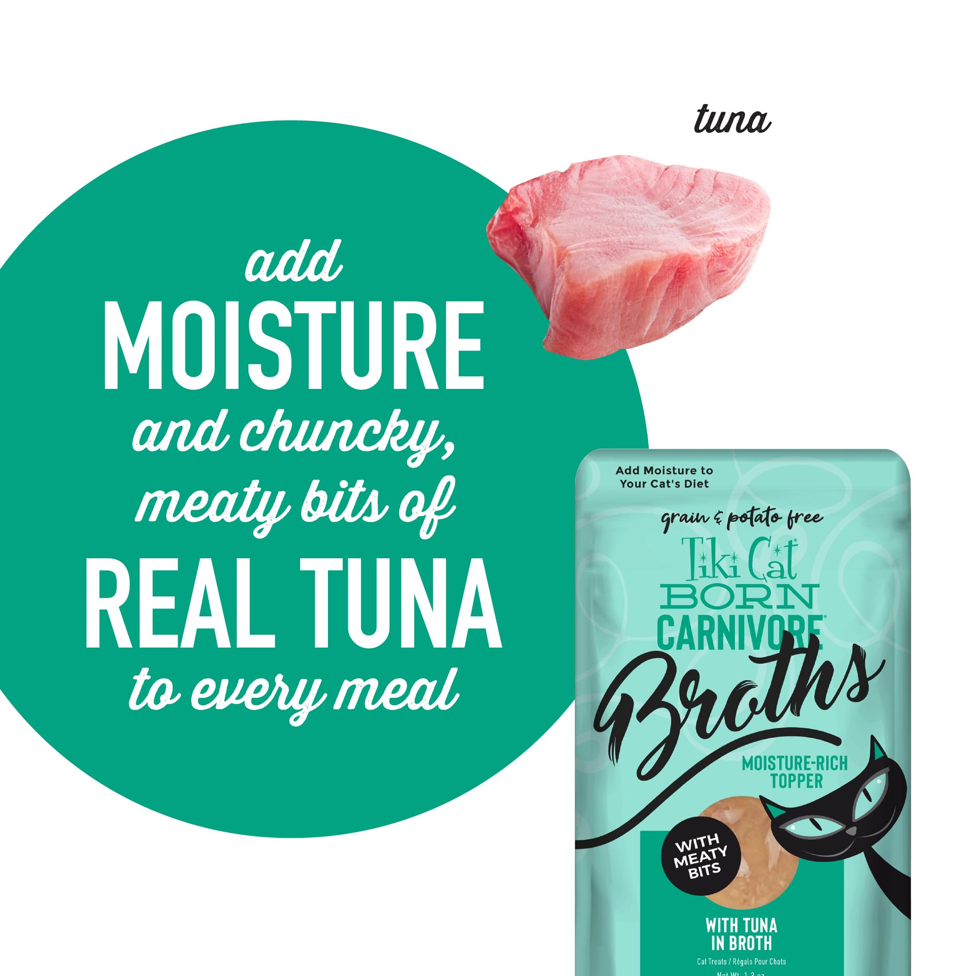 Tiki Cat Born Carnivore Broths format-individuel, sachet pratique prêt à servir.