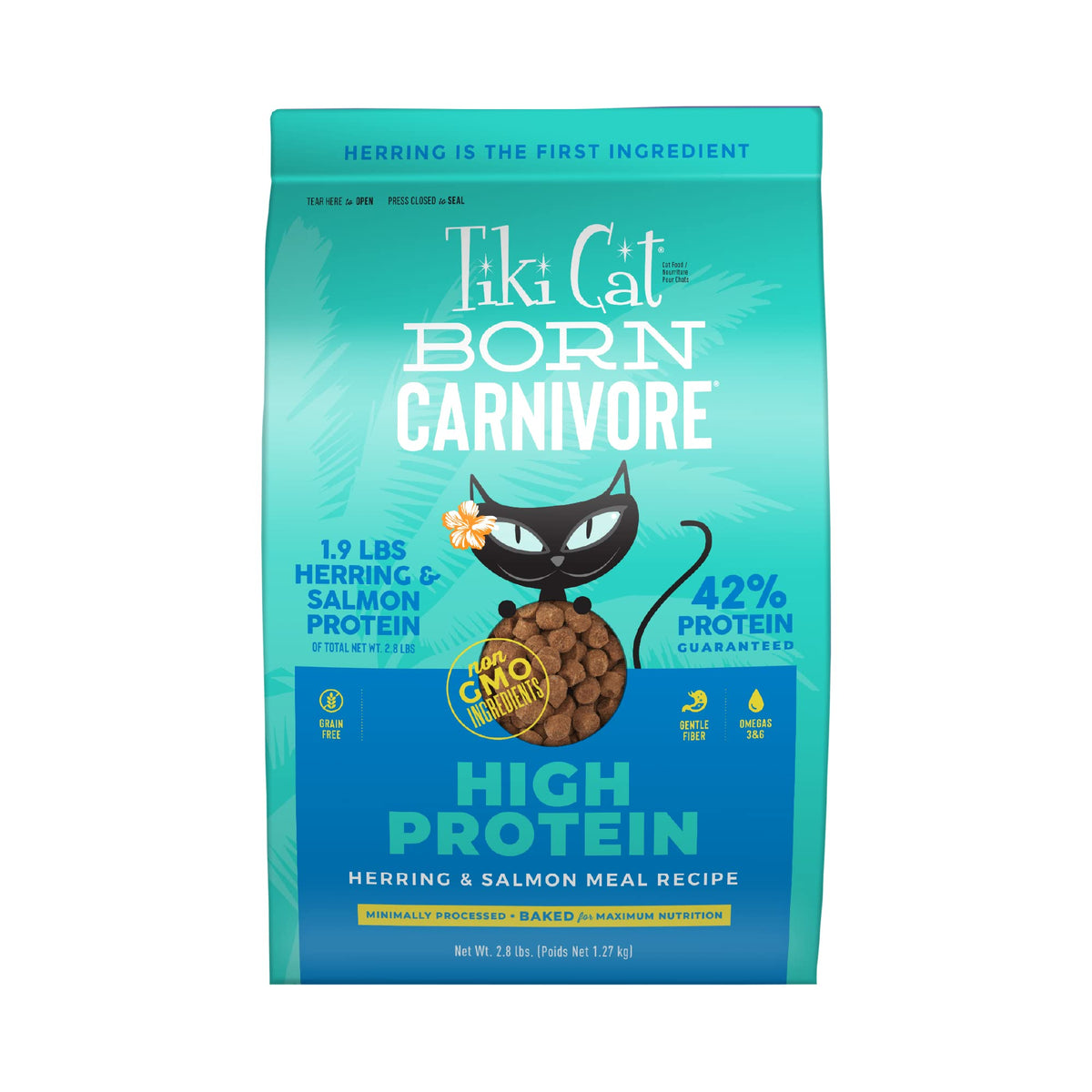 Tiki Cat Born Carnivore croquettes pour chats, hareng et saumon riches en protéines.