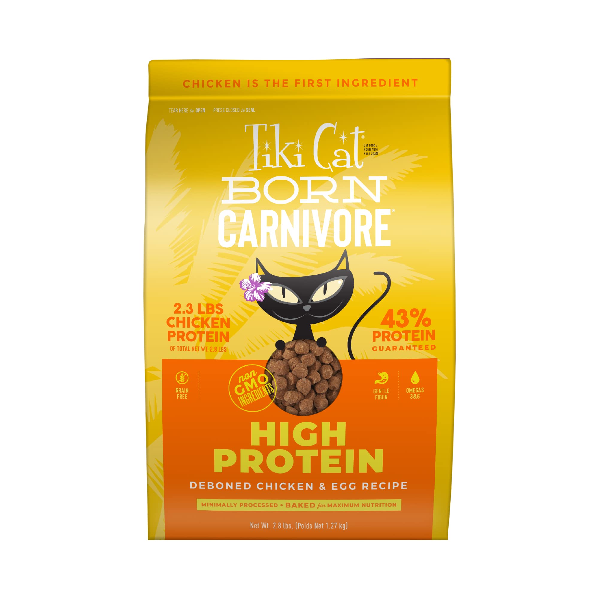 Sac Tiki Cat Born Carnivore de 2,8 lb, format pratique pour repas quotidiens.