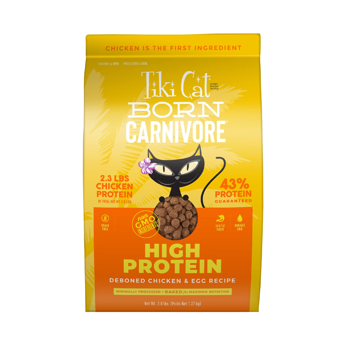 Sac Tiki Cat Born Carnivore de 2,8 lb, format pratique pour repas quotidiens.