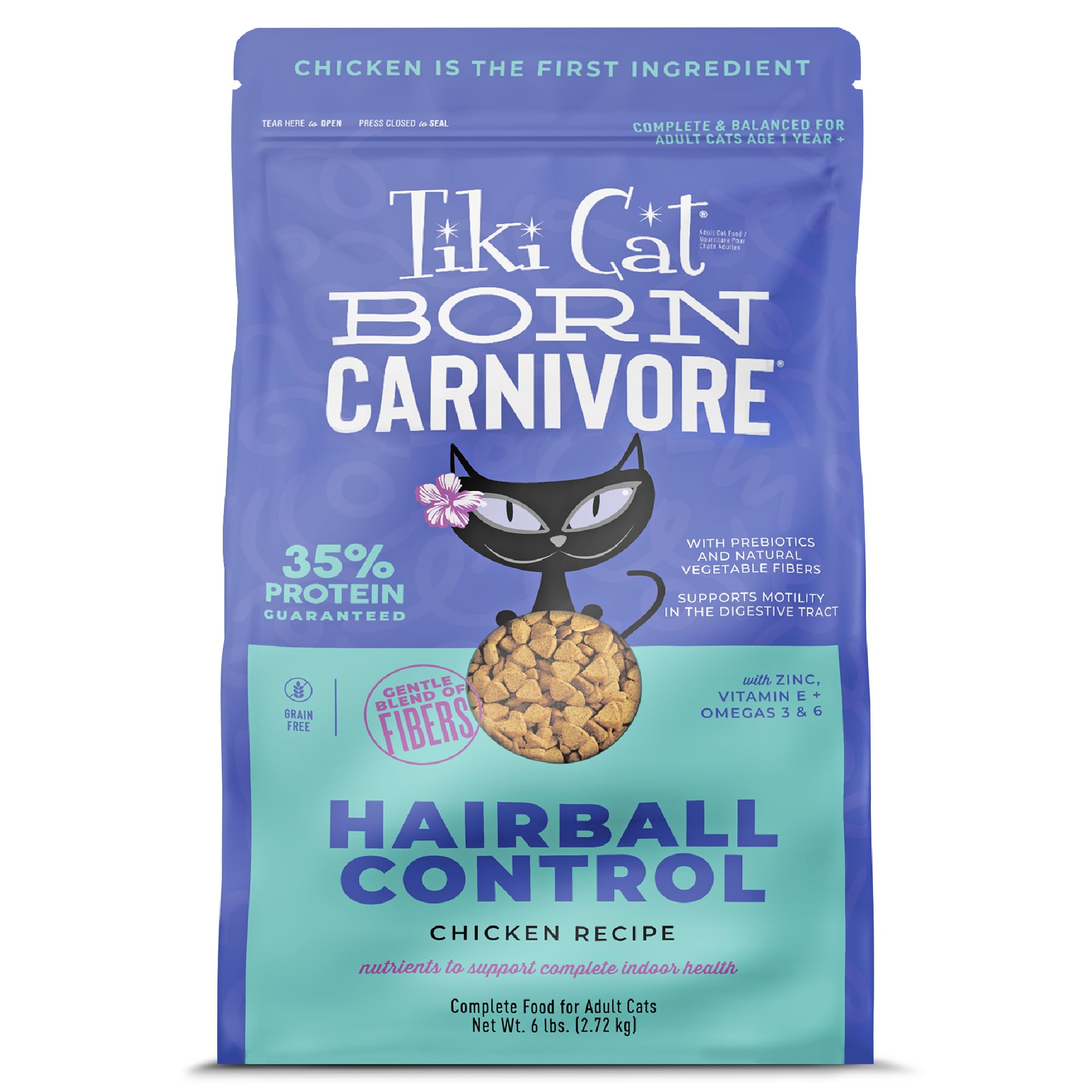 TIKI PETS Tiki Cat Born Carnivore croquettes poulet, premier ingrédient pour une nutrition complète.