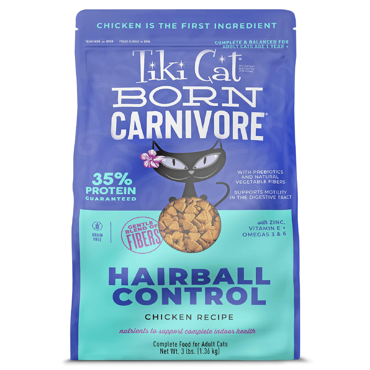 Tiki Cat Born Carnivore: poulet comme premier ingrédient pour une nutrition complète.