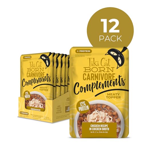 Tiki Cat Poulet effiloché, sachet visible, parfait topper croquettes.
