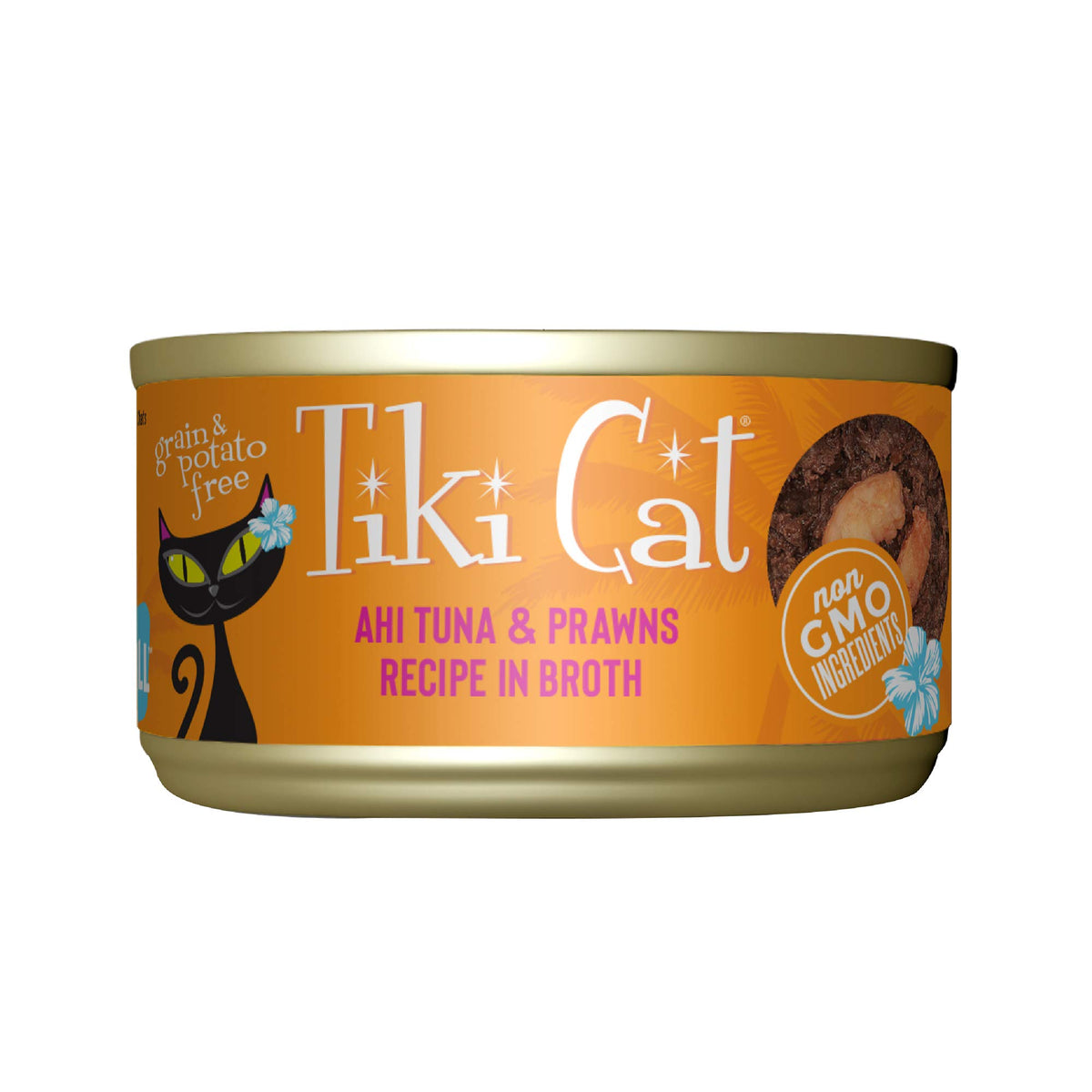 Boîte Tiki Cat Grill thon ahi et crevettes, riche en protéines pour chats actifs.