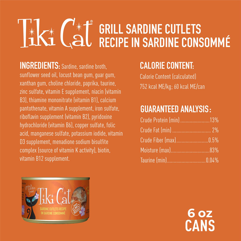 Boîtes Tiki Cat Grill 8x170 g, format pratique et prêt à servir.