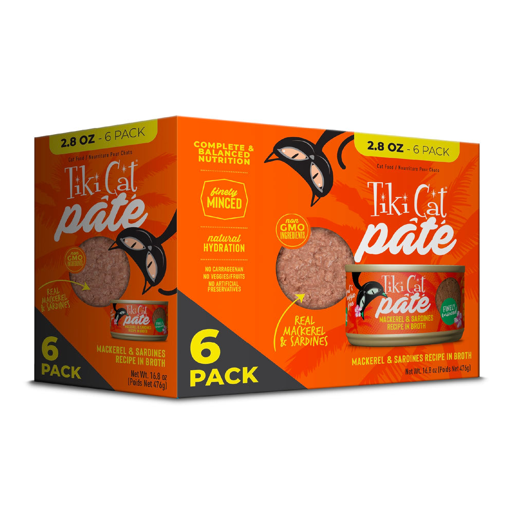 Tiki Cat Grill Pâté Sardine-Maquereau, emballage pratique pour six boîtes.