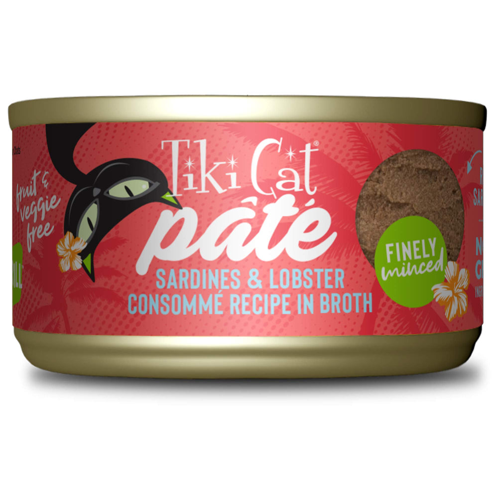 Pâté Tiki Cat Grill sardines et homard, texture riche et appétente pour chats.