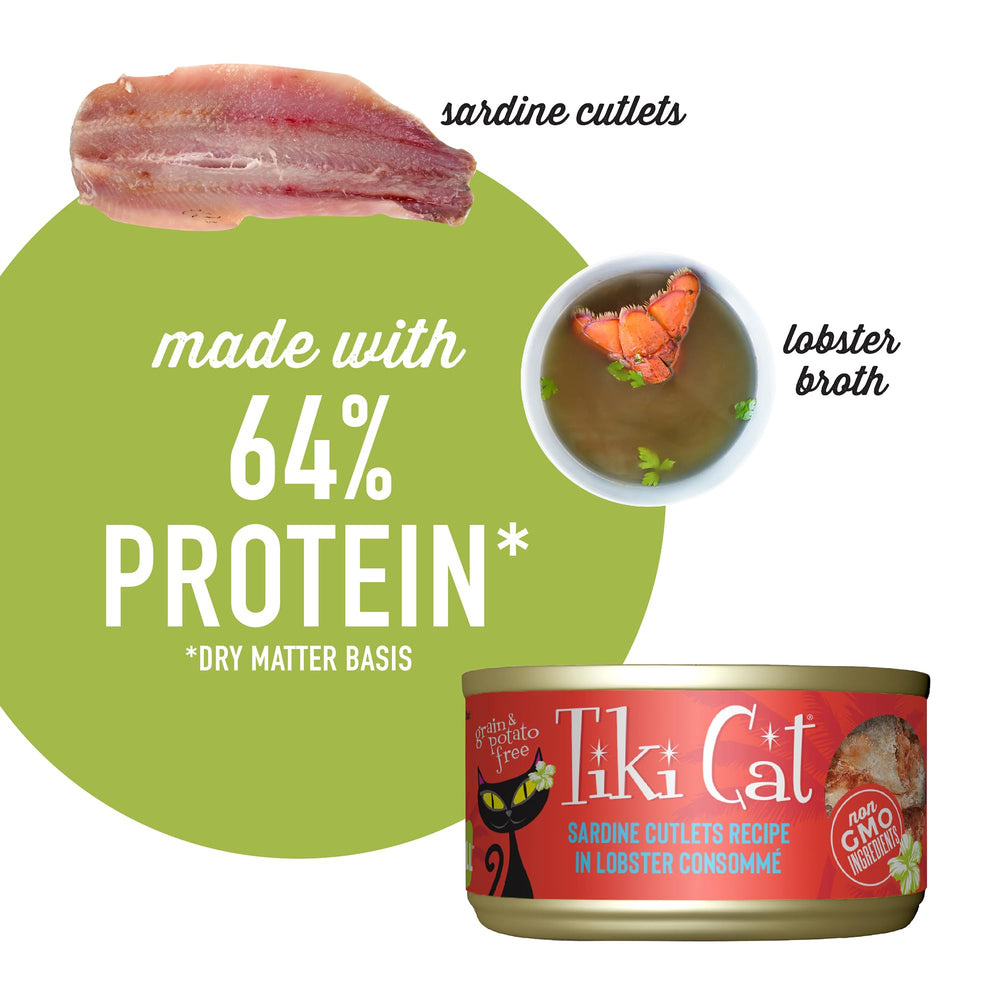Tiki Cat Grill sardines dans consommé, option gourmande sans céréales et riche en protéines.