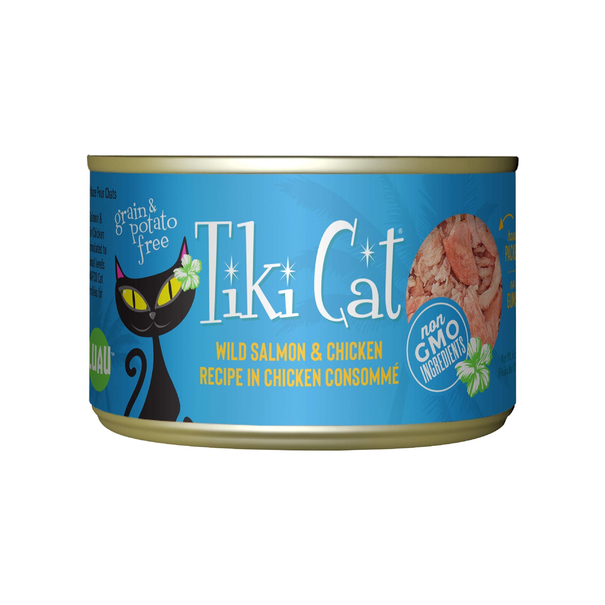 Tiki Cat Luau: boîte saumon et poulet, texture humide riche en protéines pour chats de tous âges.