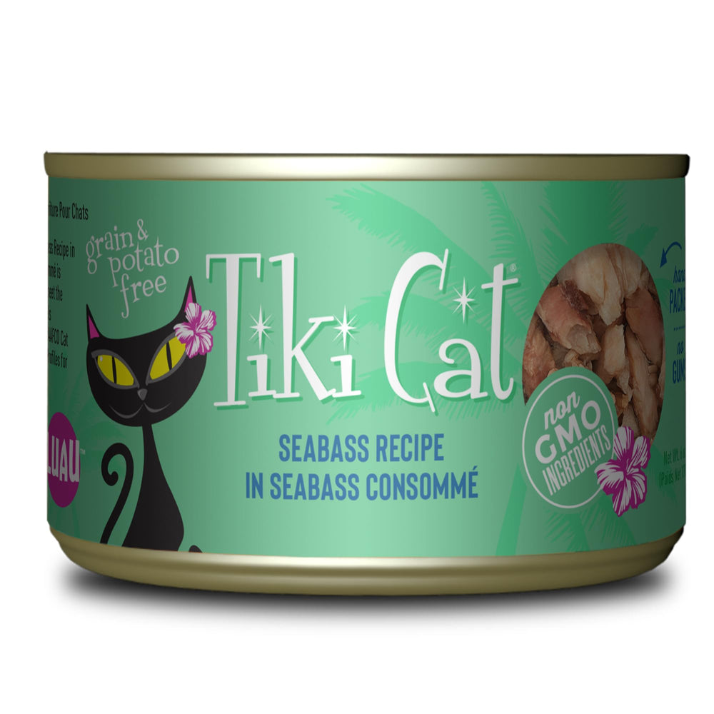 Tiki Cat Luau – boîte seabass-consomme, source élevée de protéines pour chats actifs.