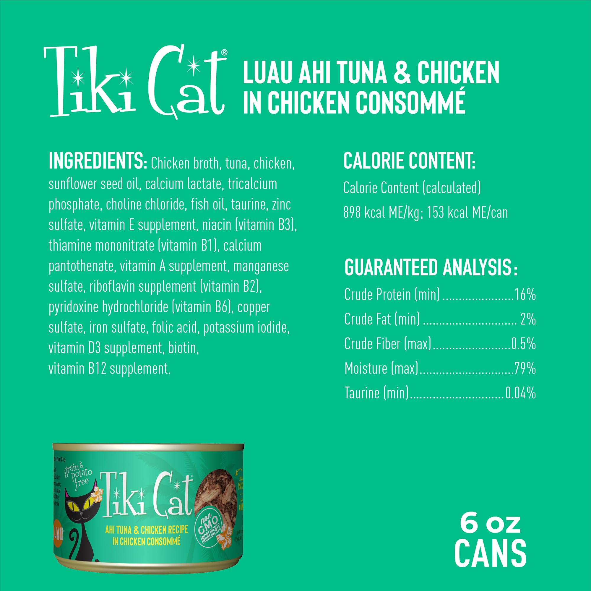 Ingrédients réels Tiki Cat Luau: poisson et viande de qualité.