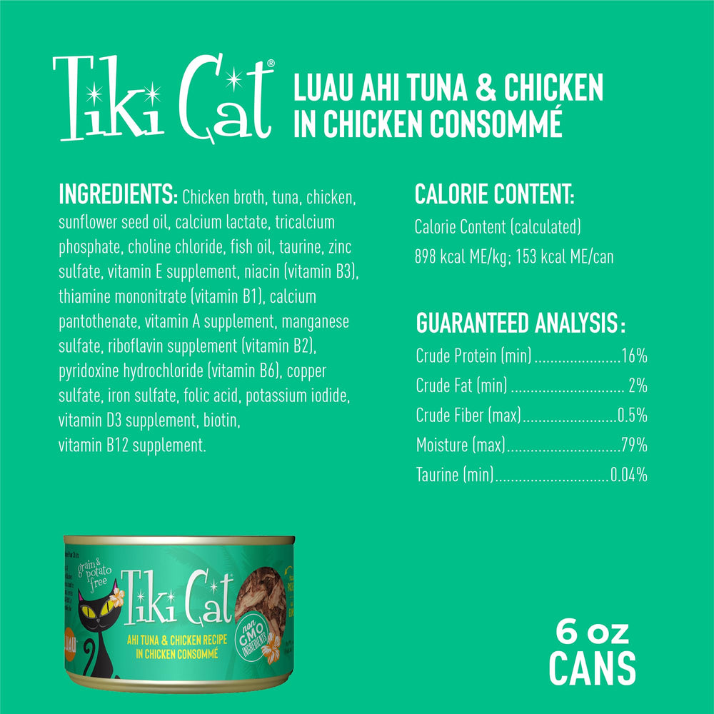 Ingrédients réels Tiki Cat Luau: poisson et viande de qualité.