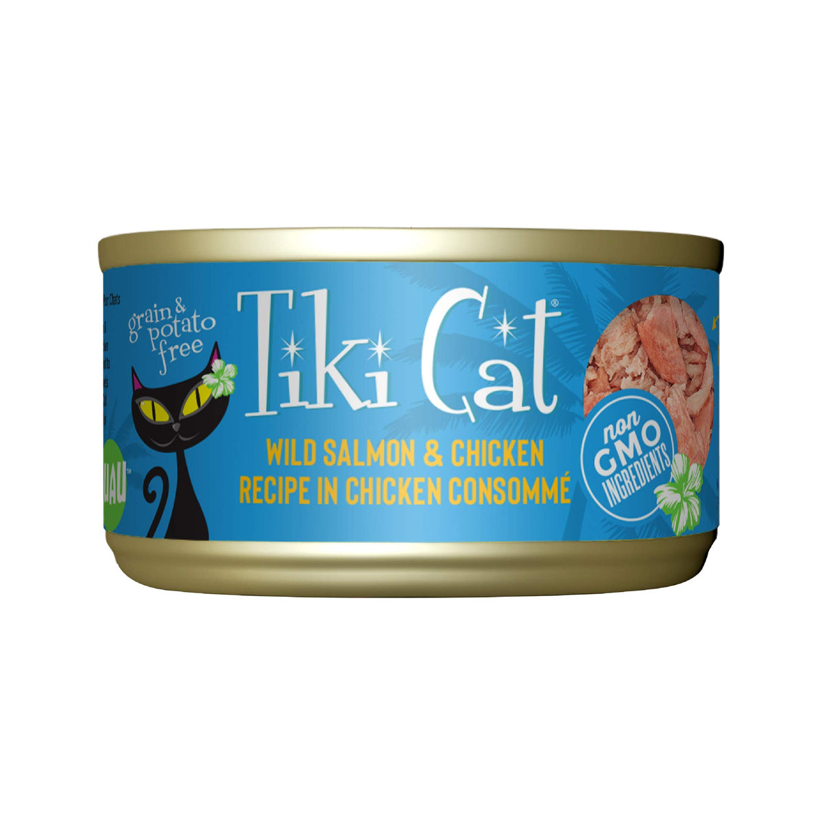 Tiki Cat Luau – boîte 2,8 oz saumon et poulet, protéines élevées pour chats.