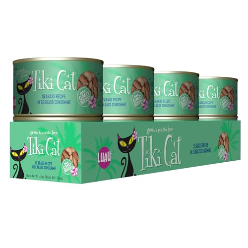 Tiki Cat Luau – morceaux de seabass visibles, texture appétente et naturelle.