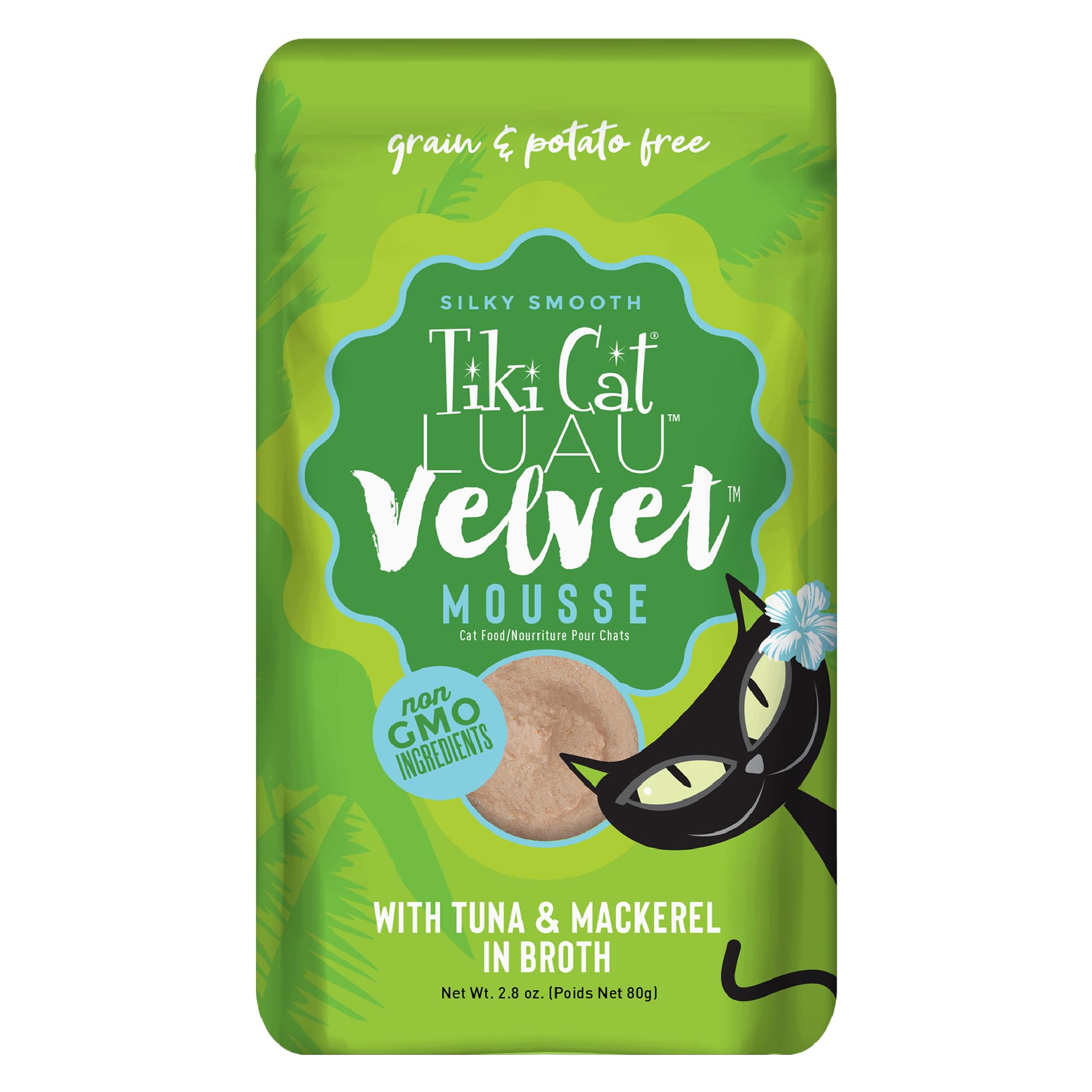 Tiki Cat Luau Velvet Mousse, poche avant, riche en protéines et sans céréales.