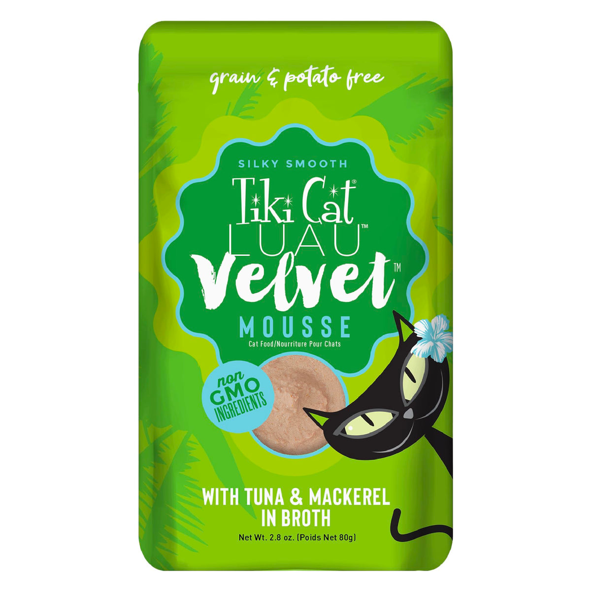 Tiki Cat Luau Velvet Mousse, poche avant, riche en protéines et sans céréales.