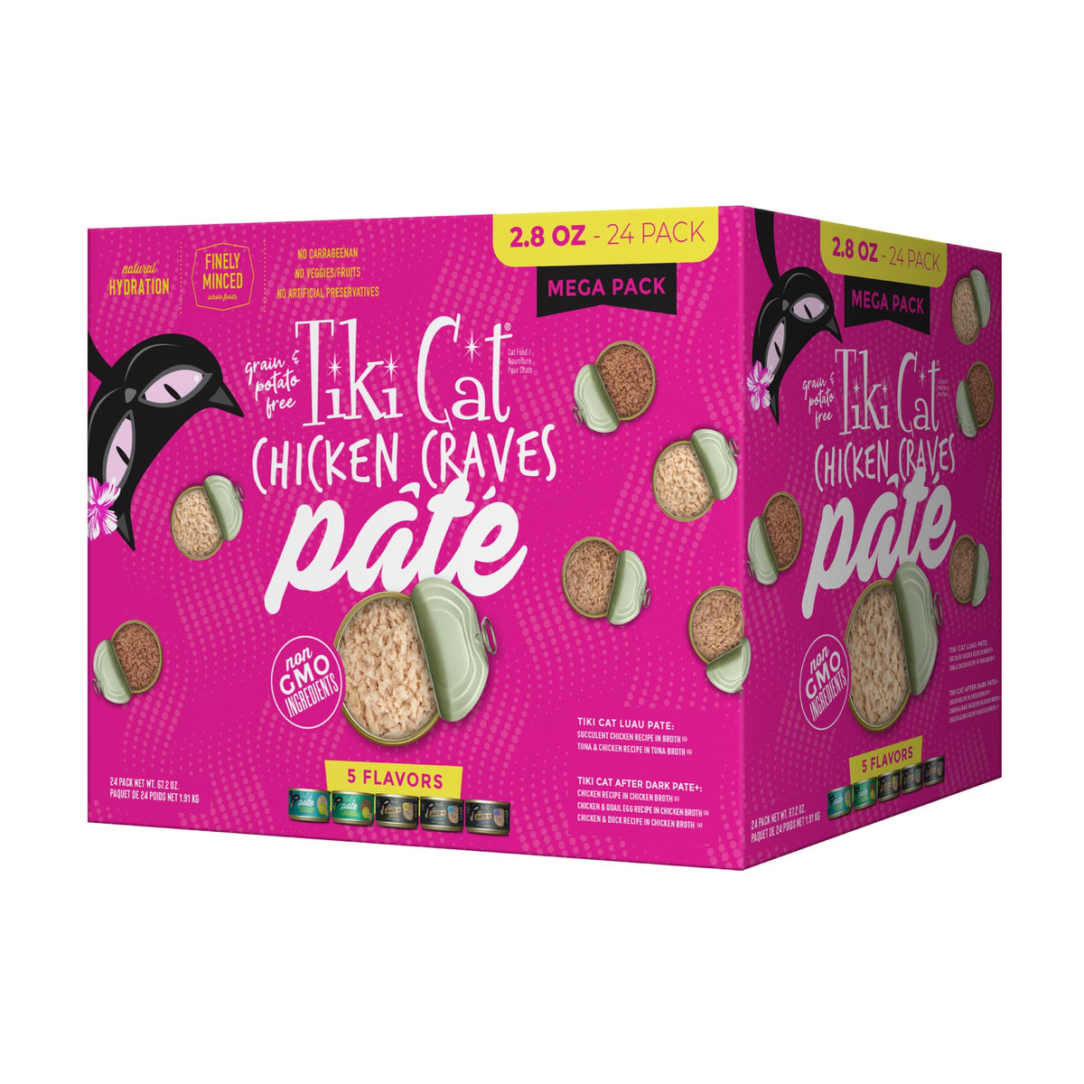 Tiki Cat Pâté poulet pack-shot : texture onctueuse et variété prête à servir.