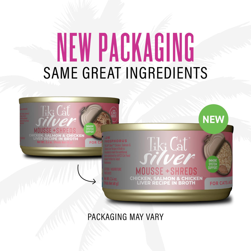 Foie de poulet riche du Tiki Cat Silver Comfort, arôme séduisant pour seniors.