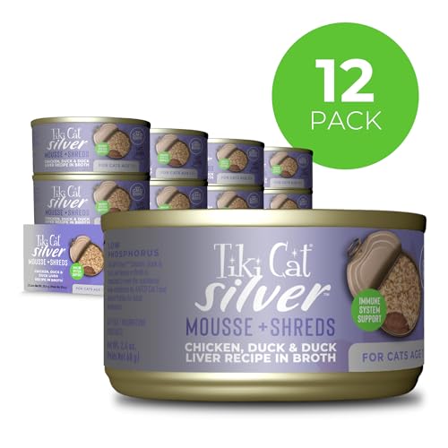 Tiki Cat Silver Comfort Mousse et Shreds, petits morceaux de volaille, texture douce et appétente.