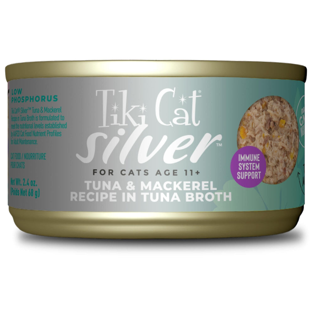 Tiki Cat Silver Comfort mousse thon-maquereau dans bouillon, appétit senior stimulé.