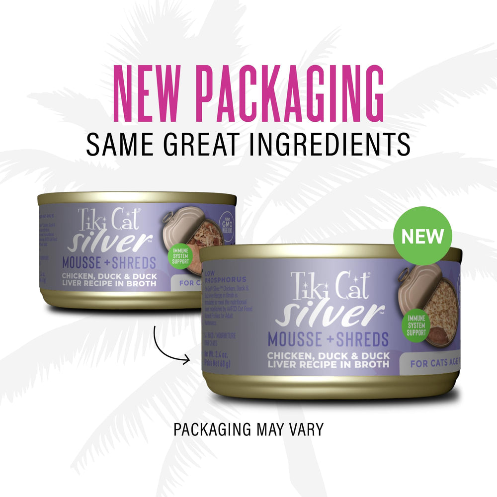 Tiki Cat Silver Comfort Mousse et Shreds: petits morceaux tendres de volaille.