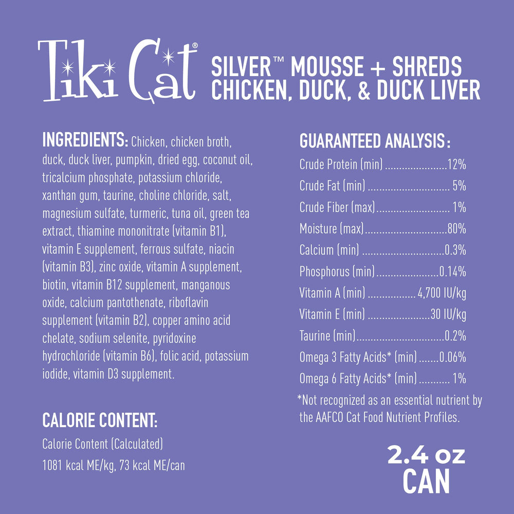 Tiki Cat Silver Comfort Mousse et Shreds: texture soyeuse pour chats âgés.