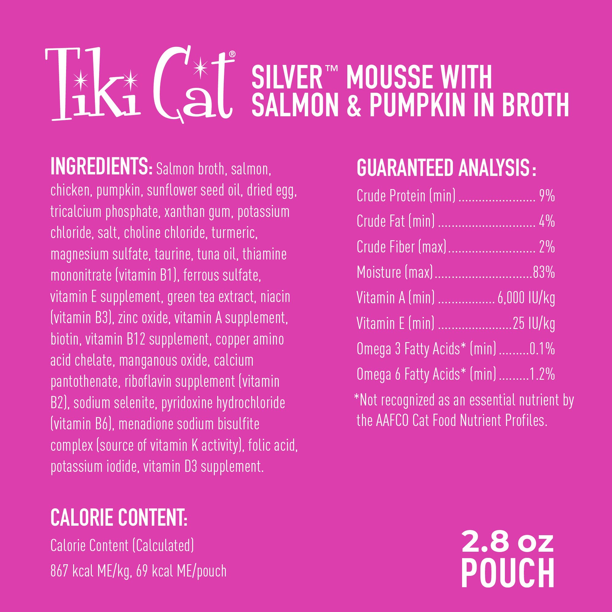 Citrouille et bouillon Tiki Cat Silver Mousse visibles, saveur attrayante.