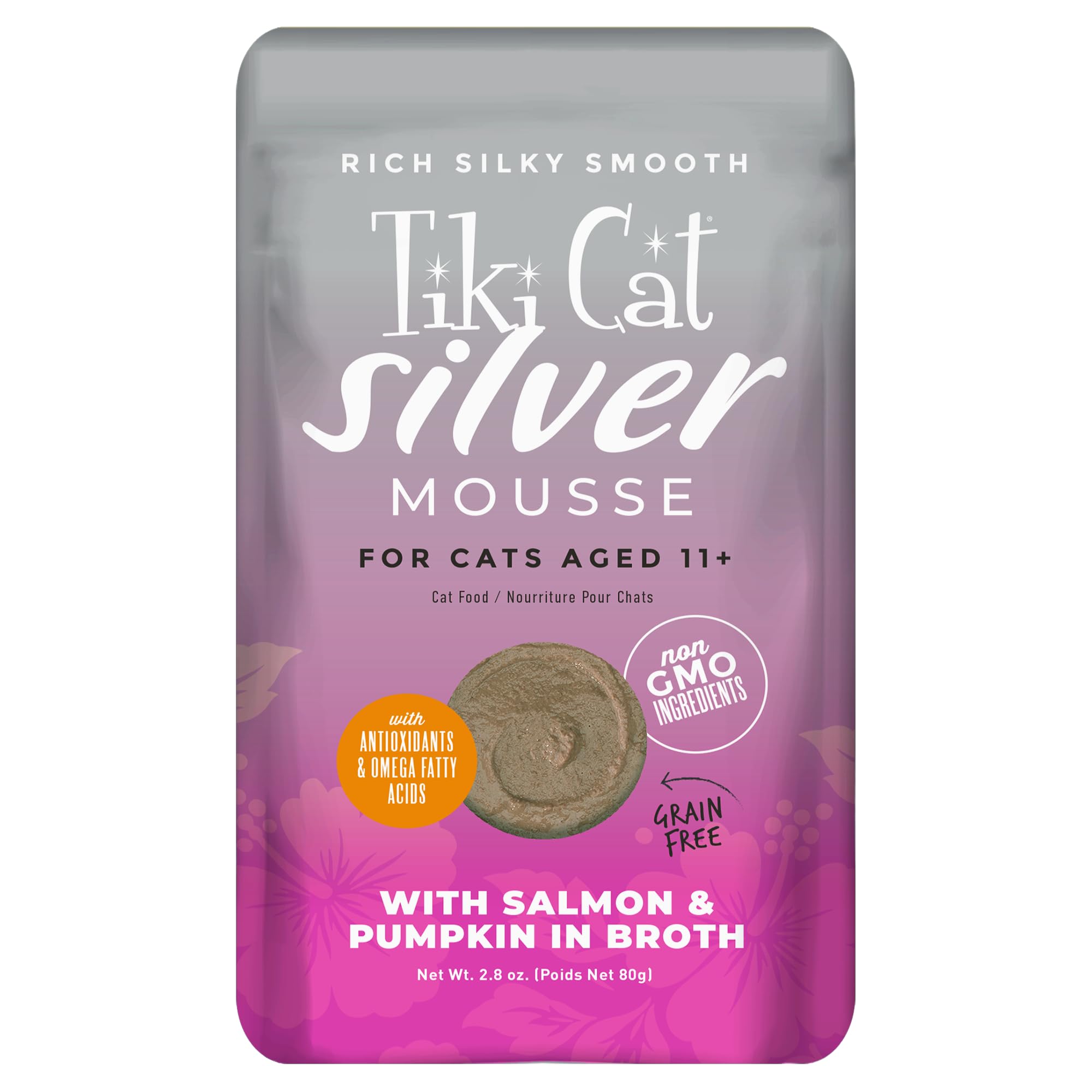Tiki Cat Silver Mousse au saumon, texture lisse pour chats âgés.