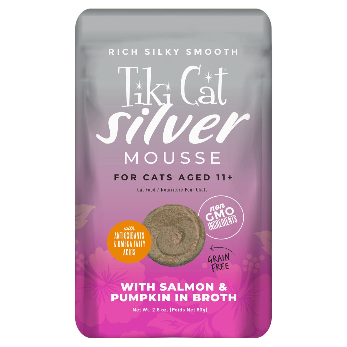 Tiki Cat Silver Mousse au saumon, texture lisse pour chats âgés.