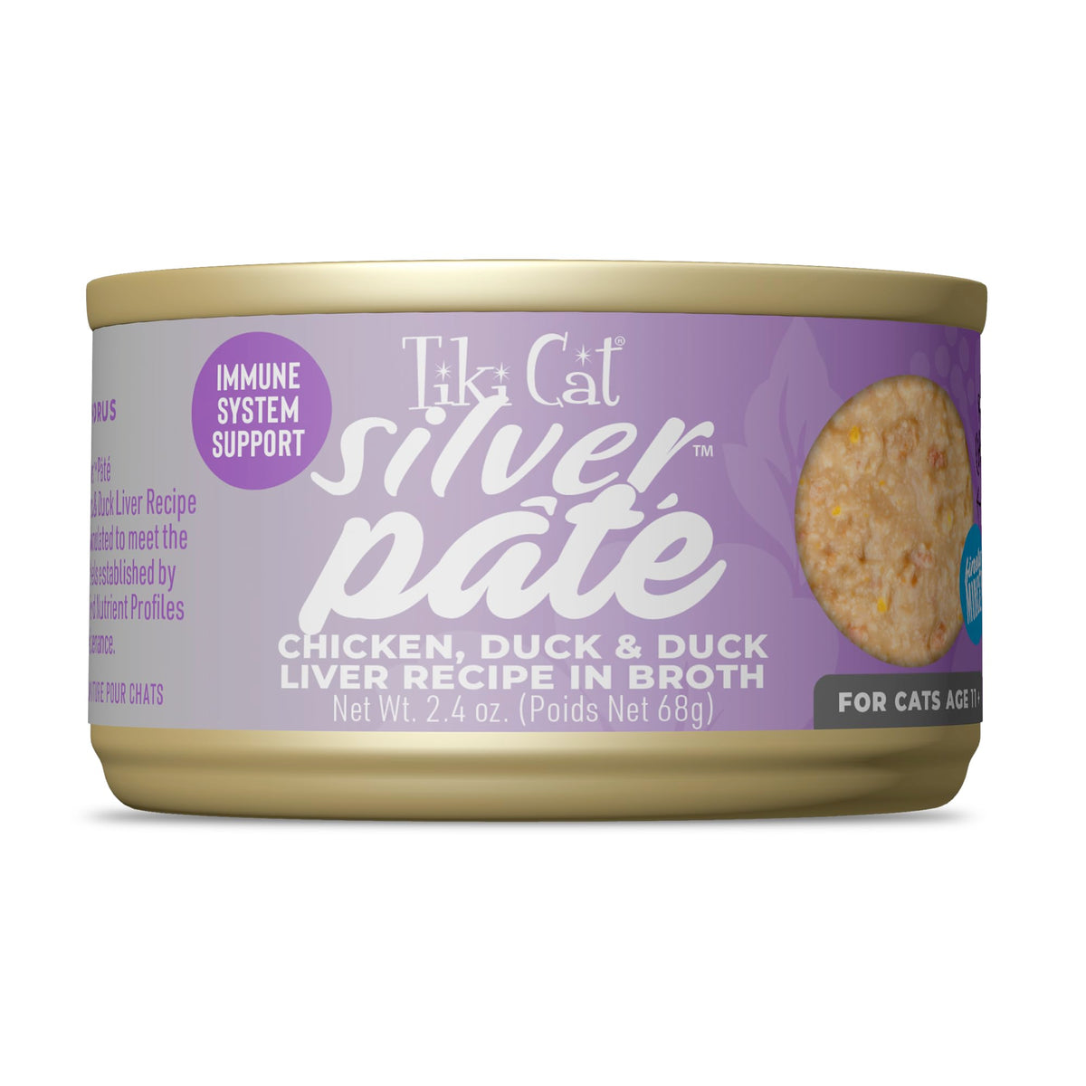 Tiki Cat Silver Pâté boîte face : repas pratique pour chats âgés.