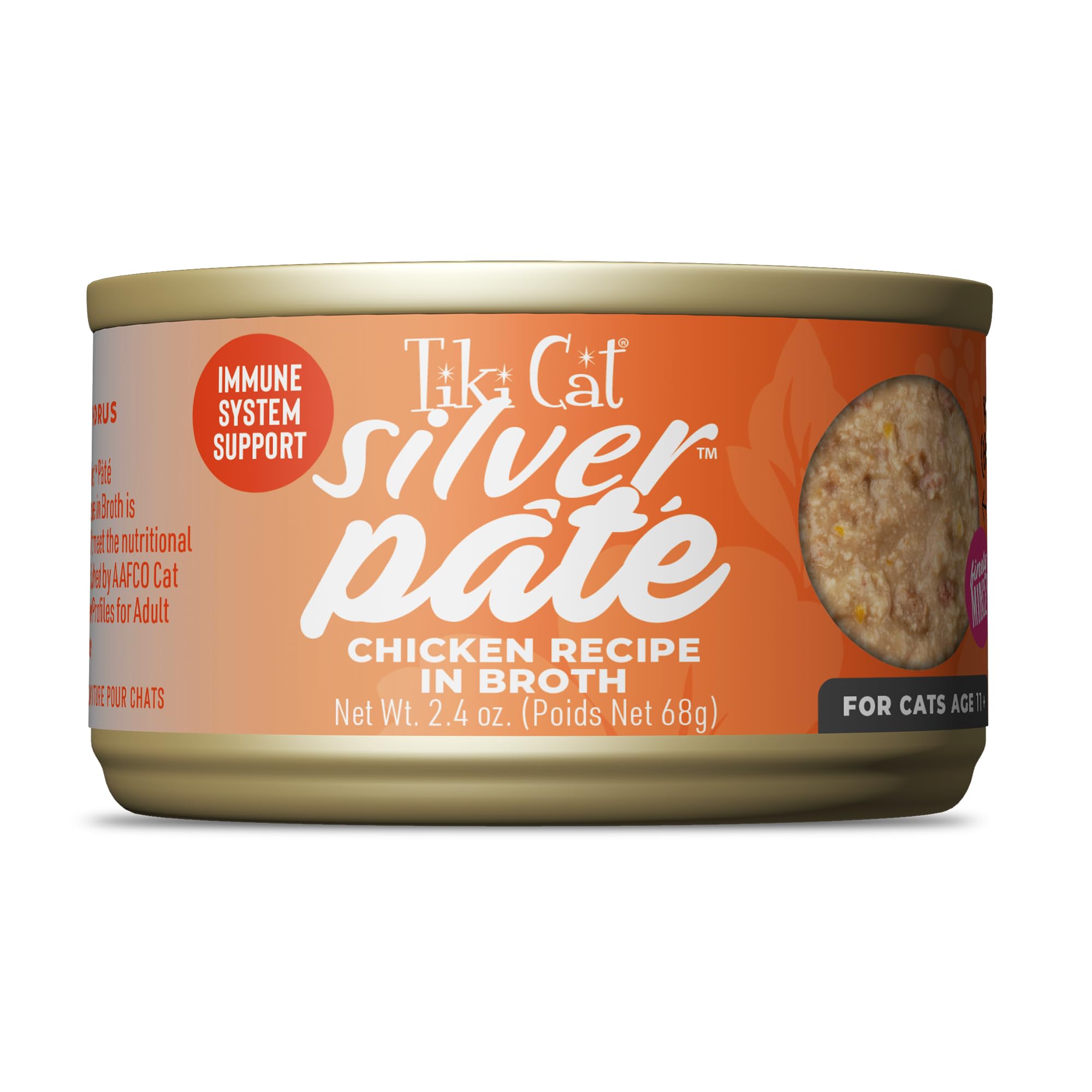 Tiki Cat Silver Pâte au poulet dans bouillon, texture facile pour chat âgé.