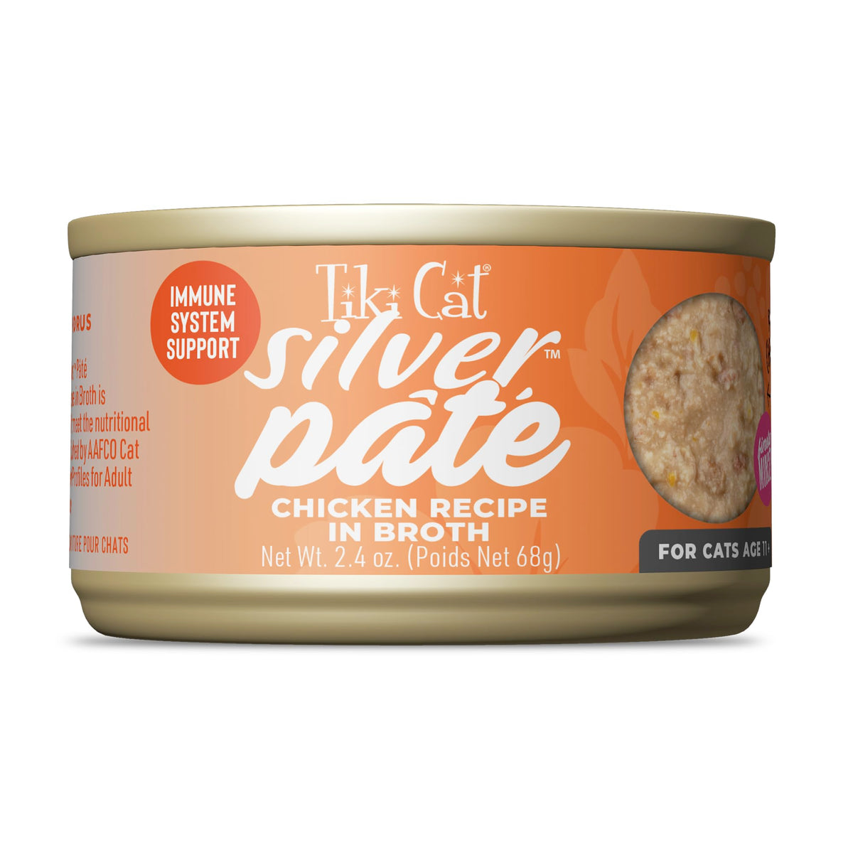 Tiki Cat Silver Pâte au poulet dans bouillon, texture facile pour chat âgé.