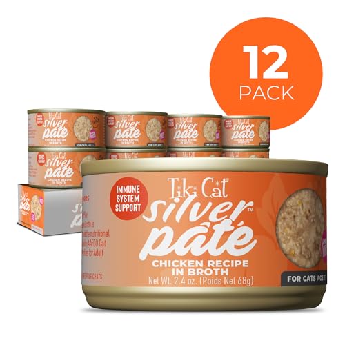 Tiki Cat Silver Pâte au poulet, bouchées riches en protéines pour chats seniors.