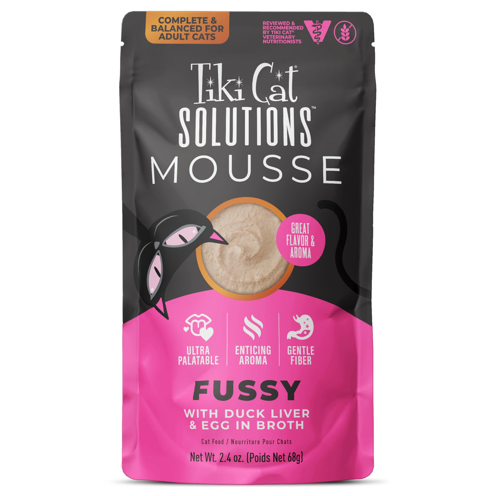 Mousse Tiki Cat Solutions sur emballage TIKI PETS, pratique pour les repas quotidiens.