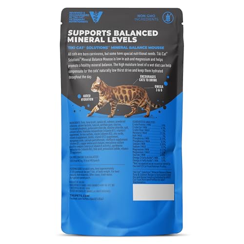 Tiki Cat Solutions Mineral Balance Mousse, portion quotidienne, équilibre minéral potentiel.