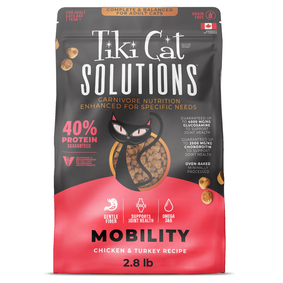 Tiki Cat Solutions Mobilité croquettes poulet et dinde soutiennent le mouvement des chats actifs.