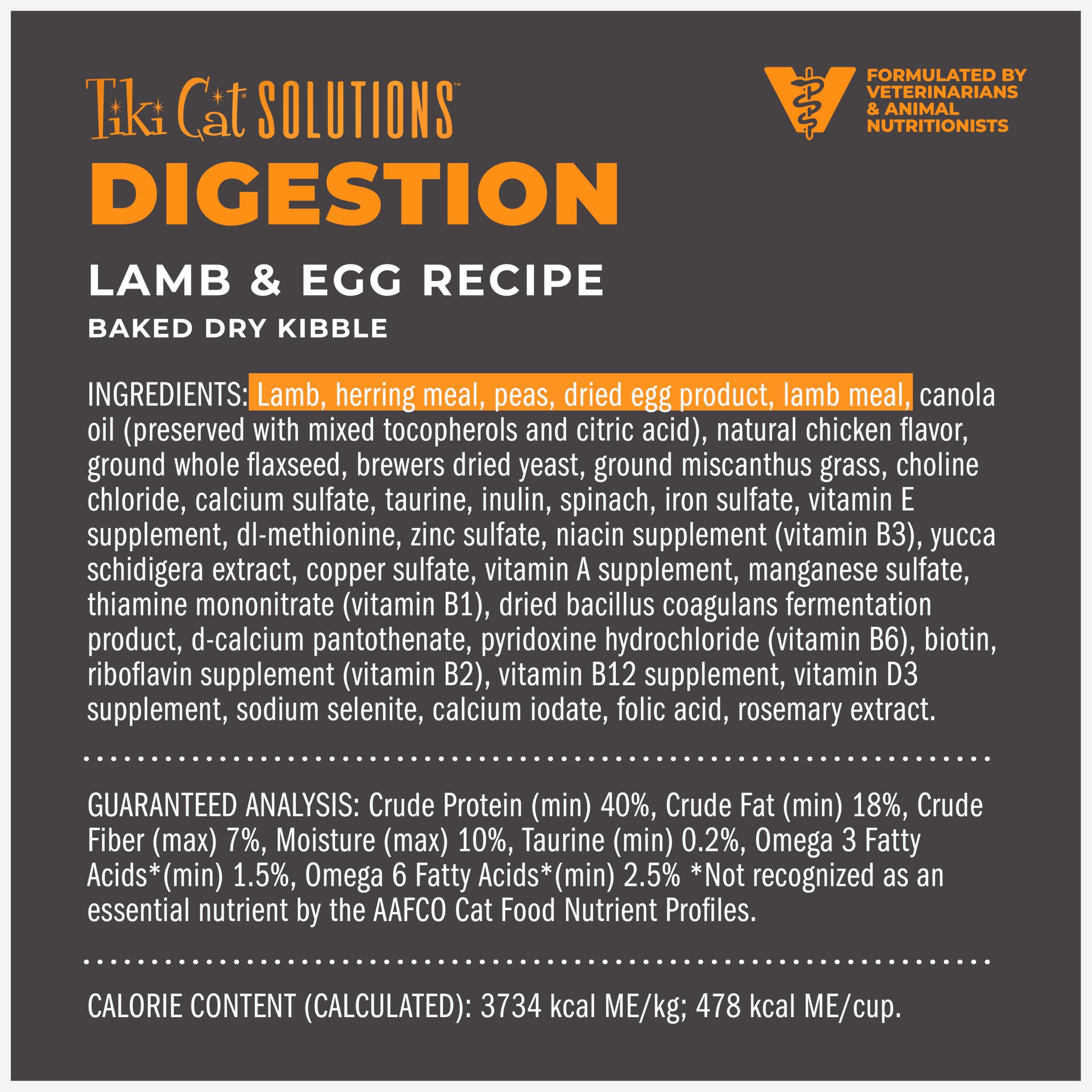 Tiki Cat Solutions Digestion : étiquette affichant 40 pour cent protéines.