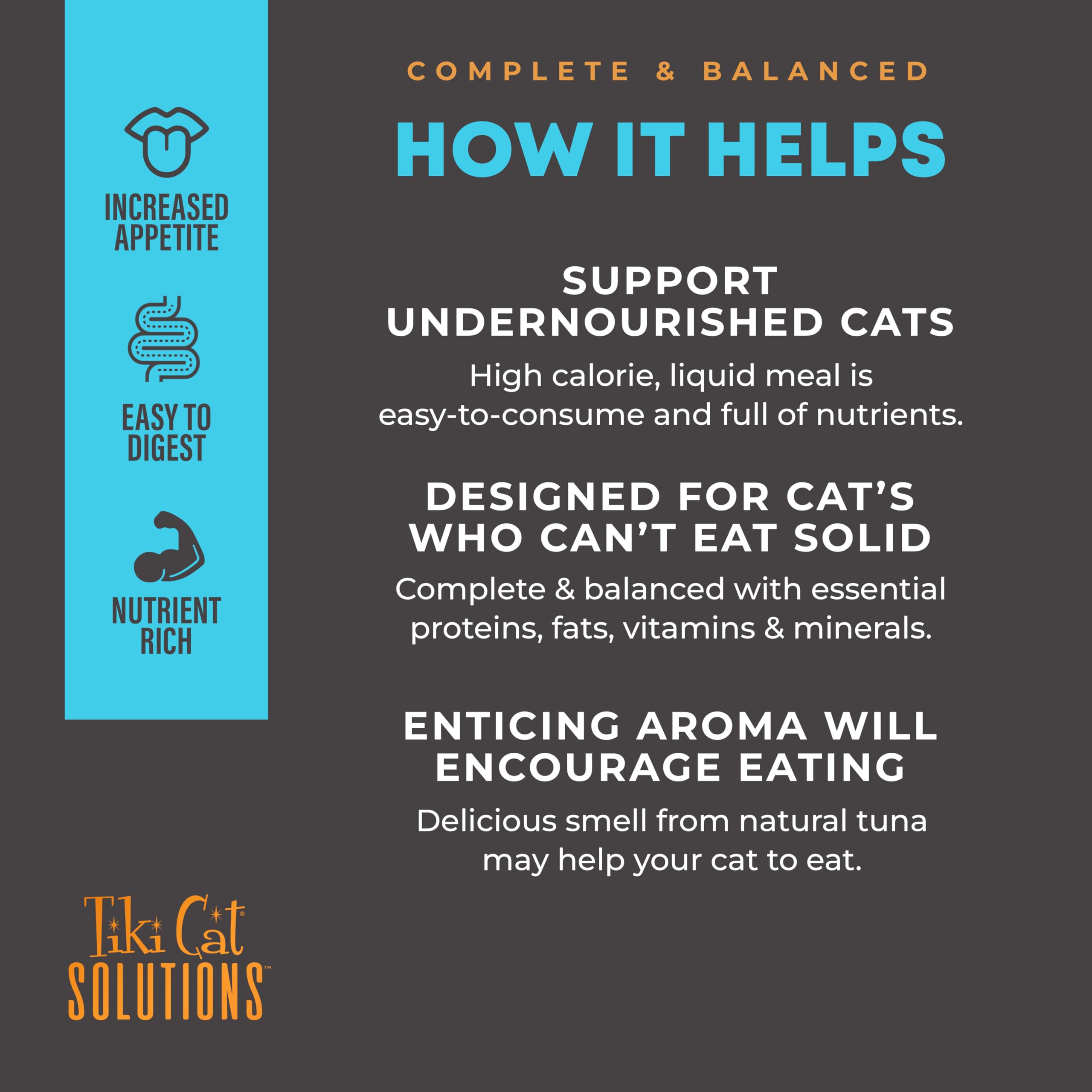 Tiki Cat Solutions protéines provenant majoritairement du thon, poche 6 oz, aide l'apport nutritionnel.