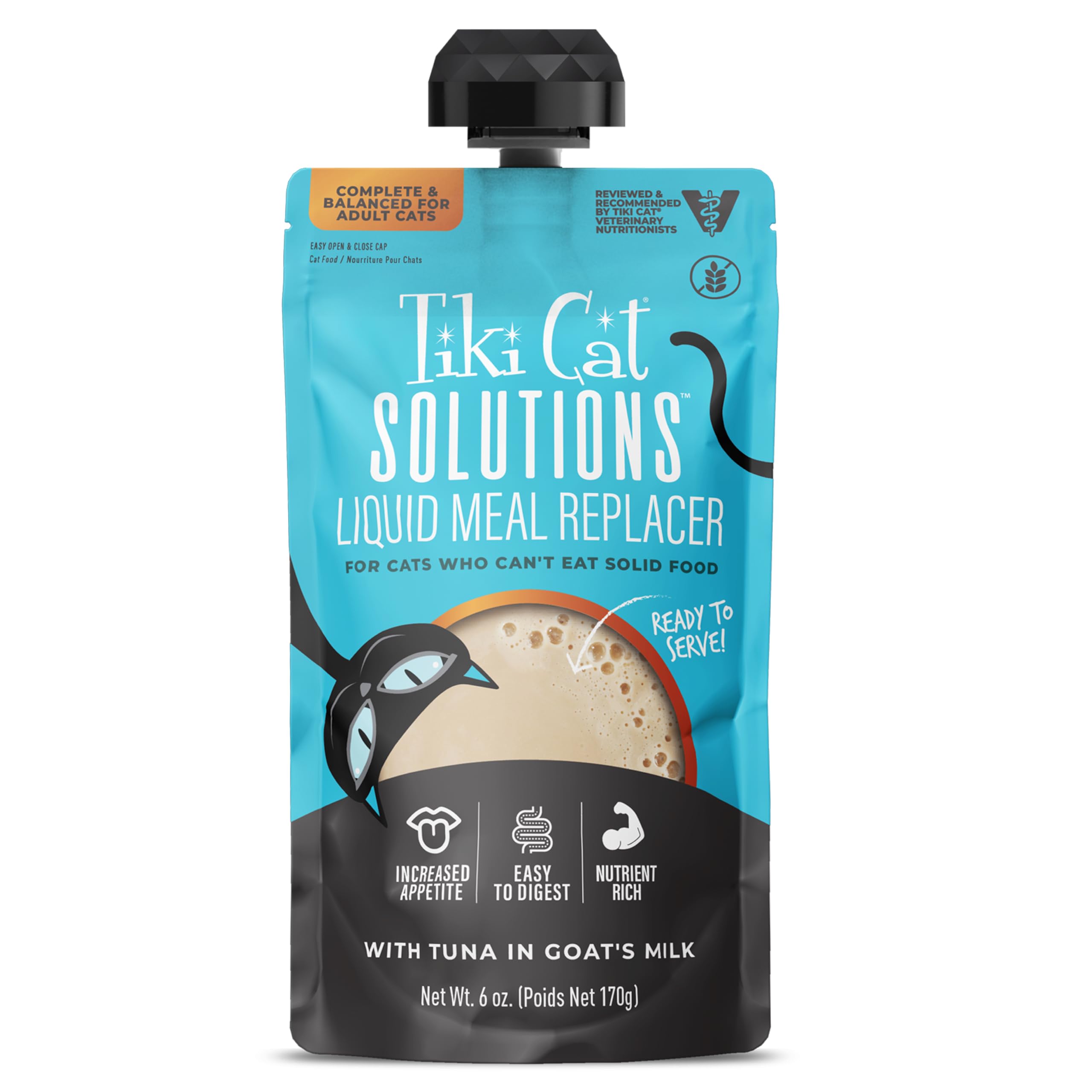 Tiki Cat Solutions remplaçant repas liquide thon lait chèvre, poche 6 oz, stimule l'appétit.