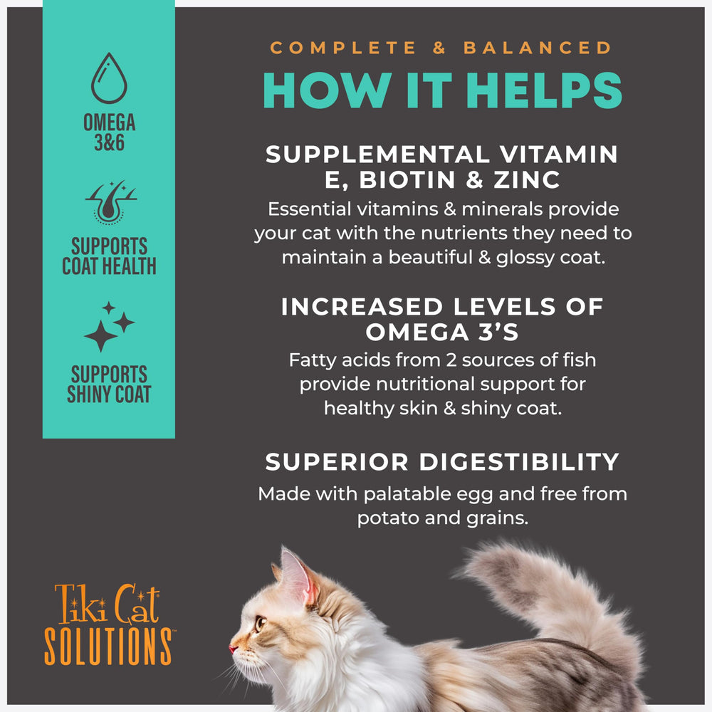 Vitamine E et Biotine dans Tiki Cat Solutions Skin & Coat pour peau saine.