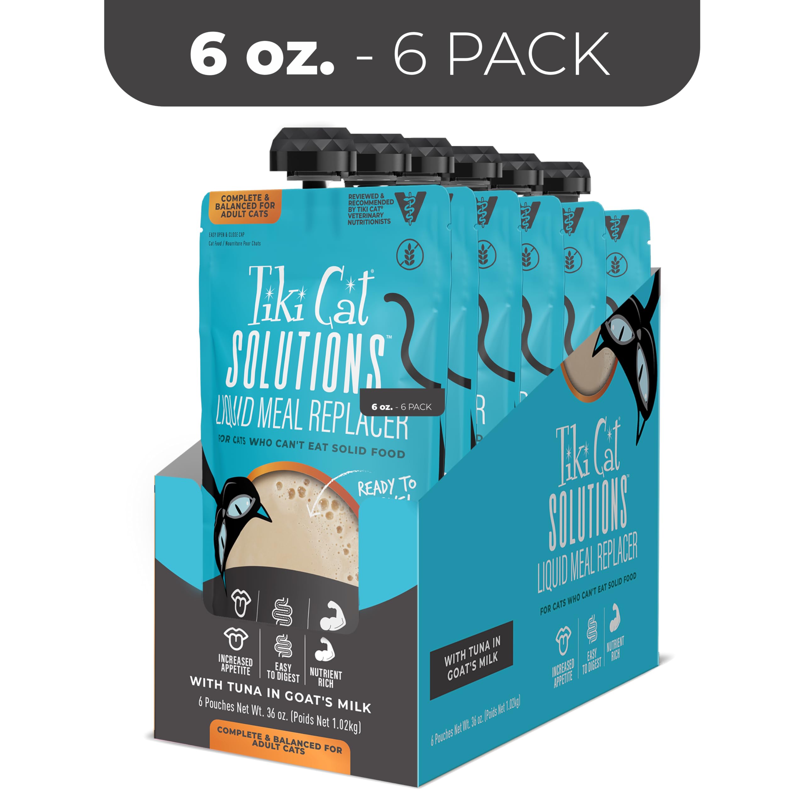 Tiki Cat Solutions thon lait chèvre, poche 6 oz, texture homogène facilitant l'alimentation.