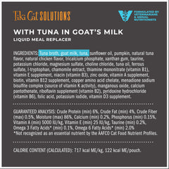 Tiki Cat Solutions thon lait chèvre, poche 6 oz, rendu facile à servir grâce à l'emballage.