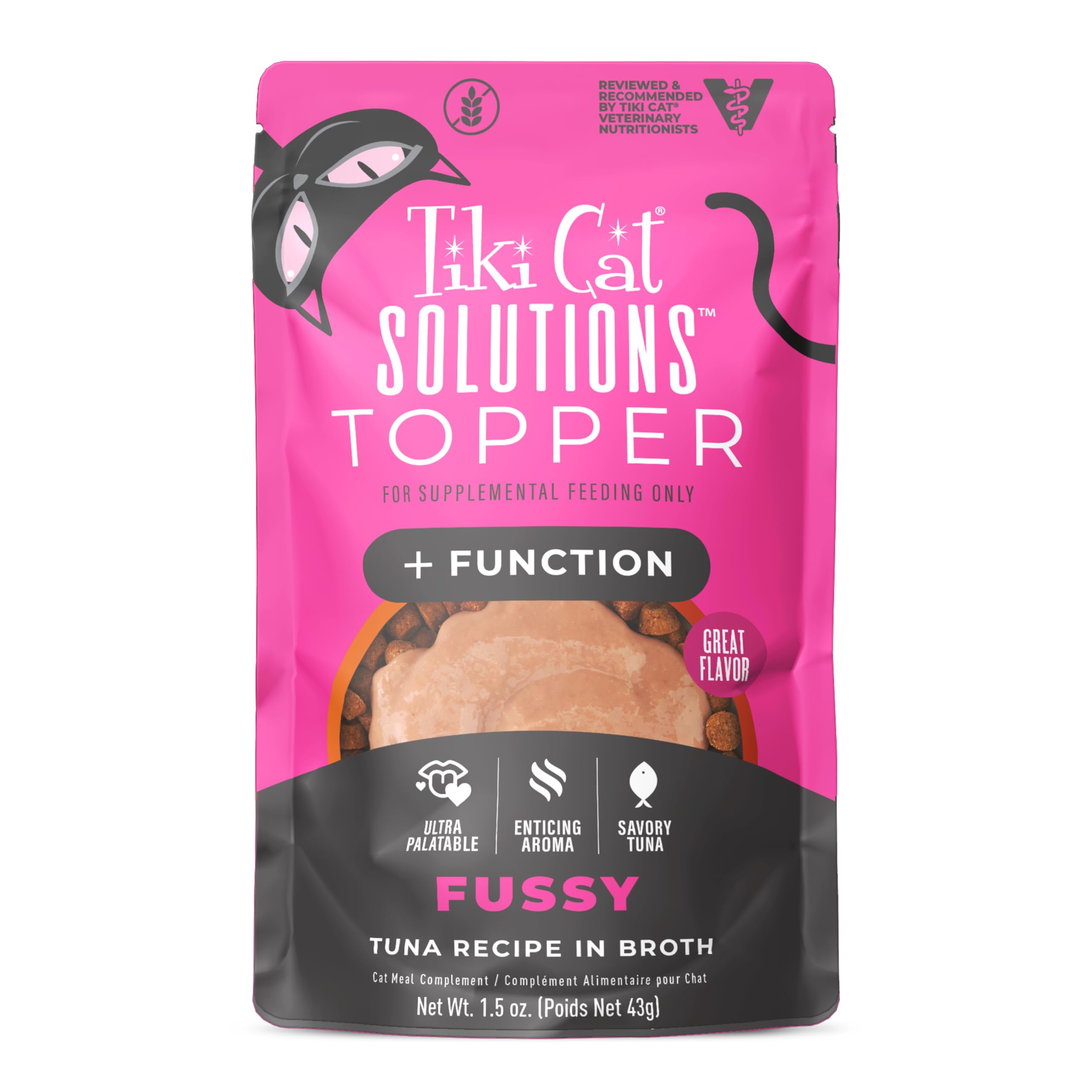 Tiki Cat Solutions Topper Fussy thon bouillon poche, allure appétissante et parfum riche.