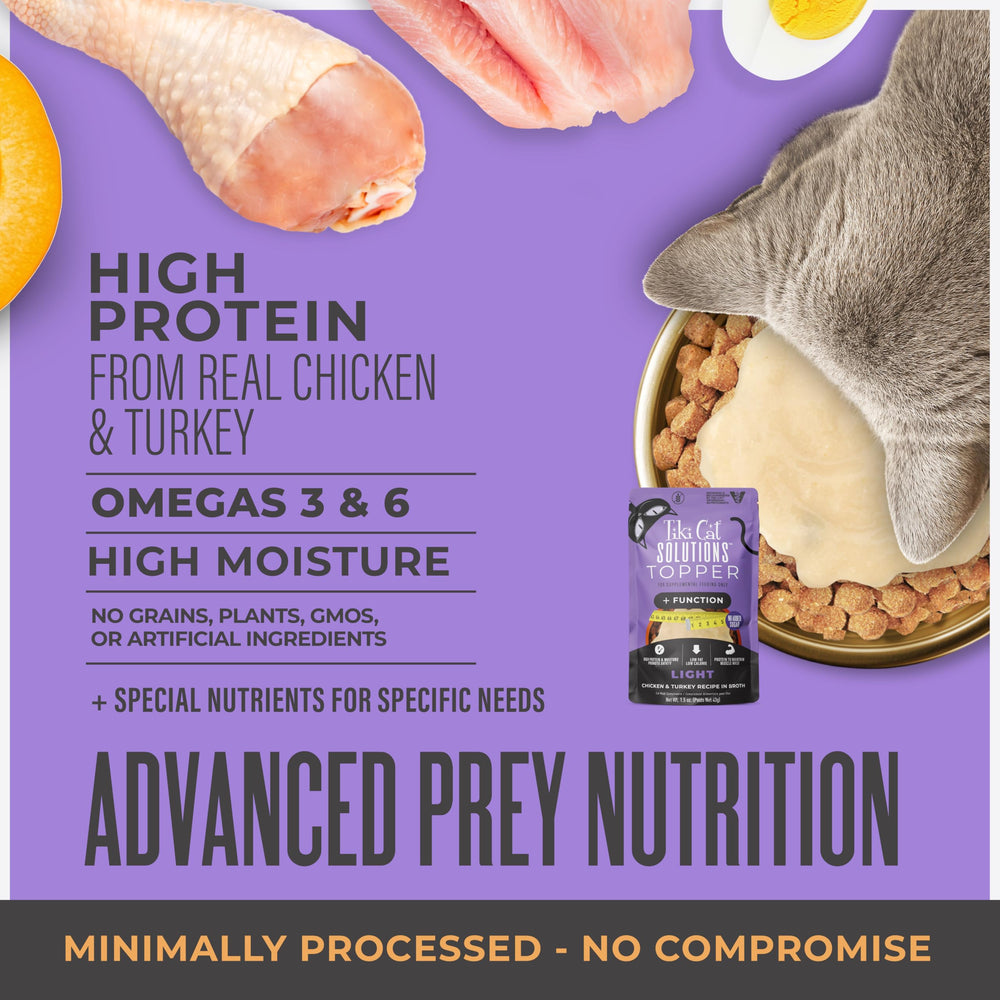 Topper Tiki Cat Solutions Léger poulet et dinde en bouillon, formulé par vétérinaires et nutritionnistes.
